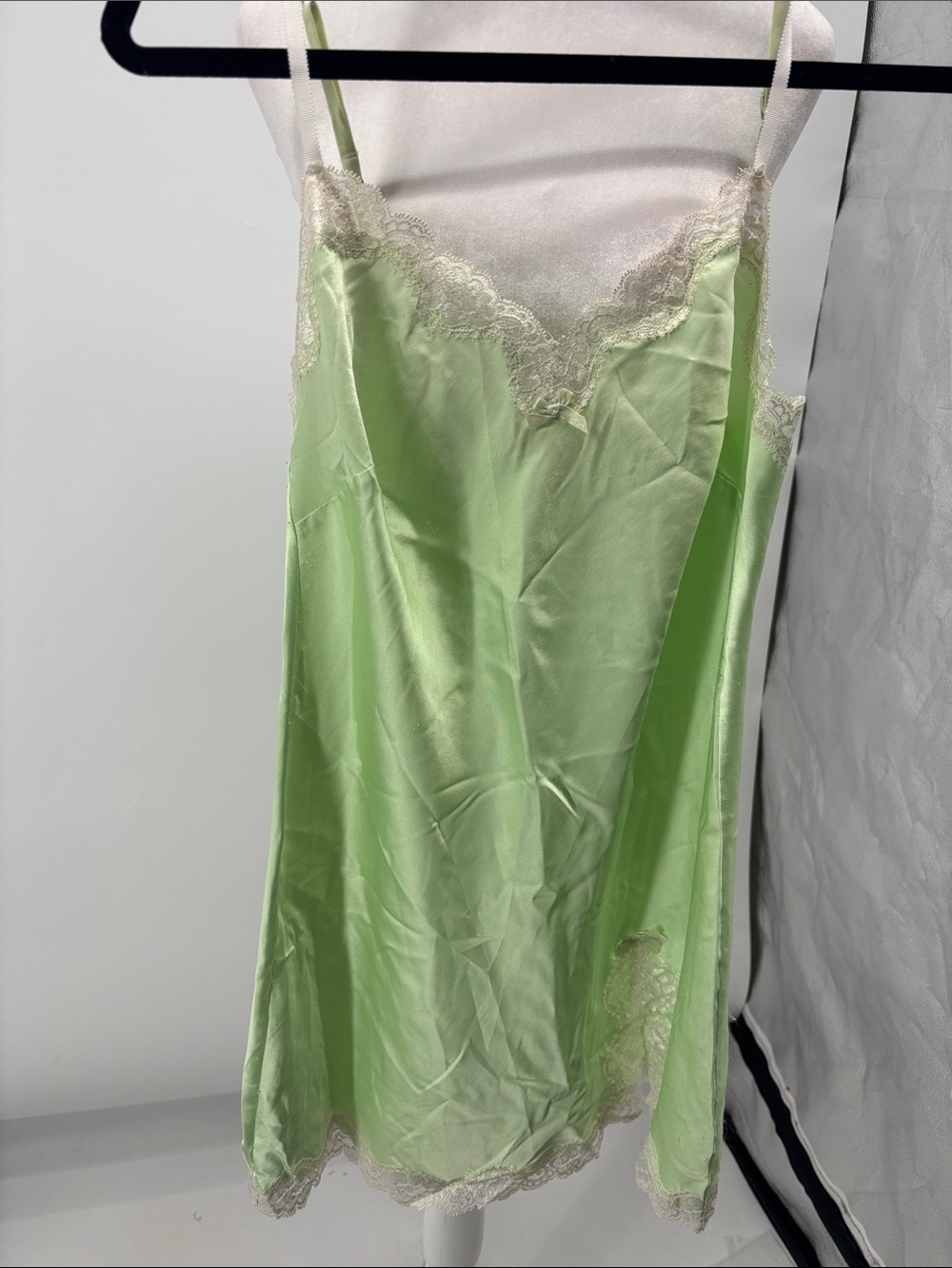 Victoria's Secret Light Green Satin Slip with Cream Lace Trim